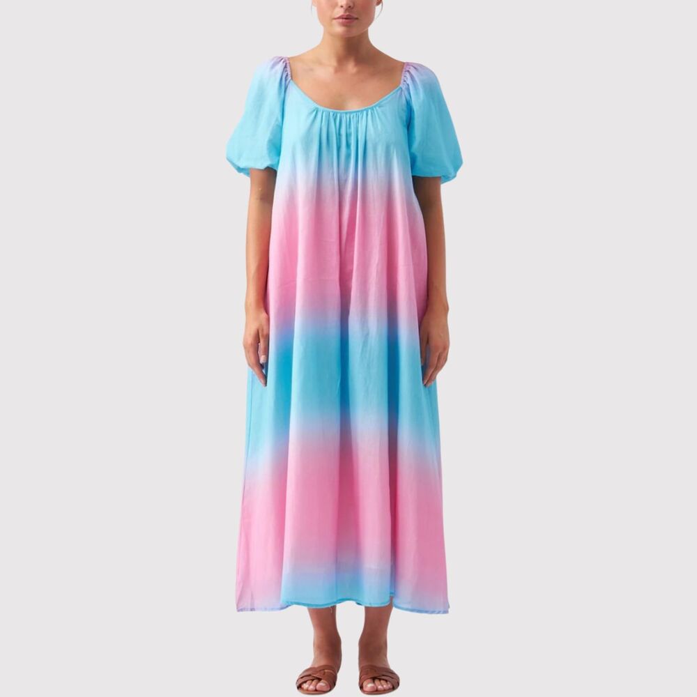 Olivia Rubin Womens Dress Blue Maxi Ombre Puff Sleeve Babydoll A Line Size 14
